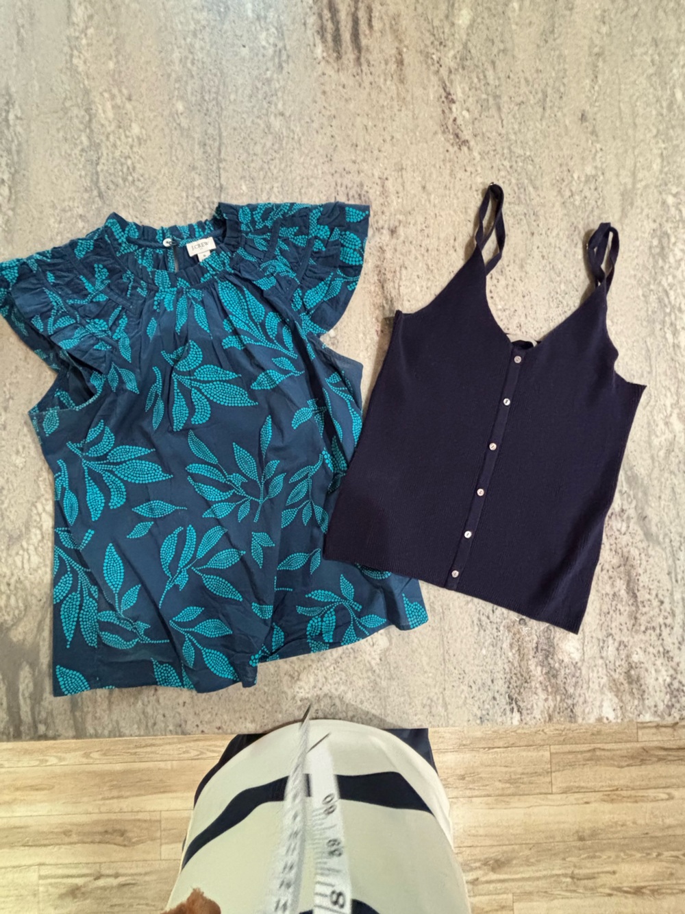 One Grey Day Navy Button-Front Cami with J Crew Teal Leaf-Print shirt